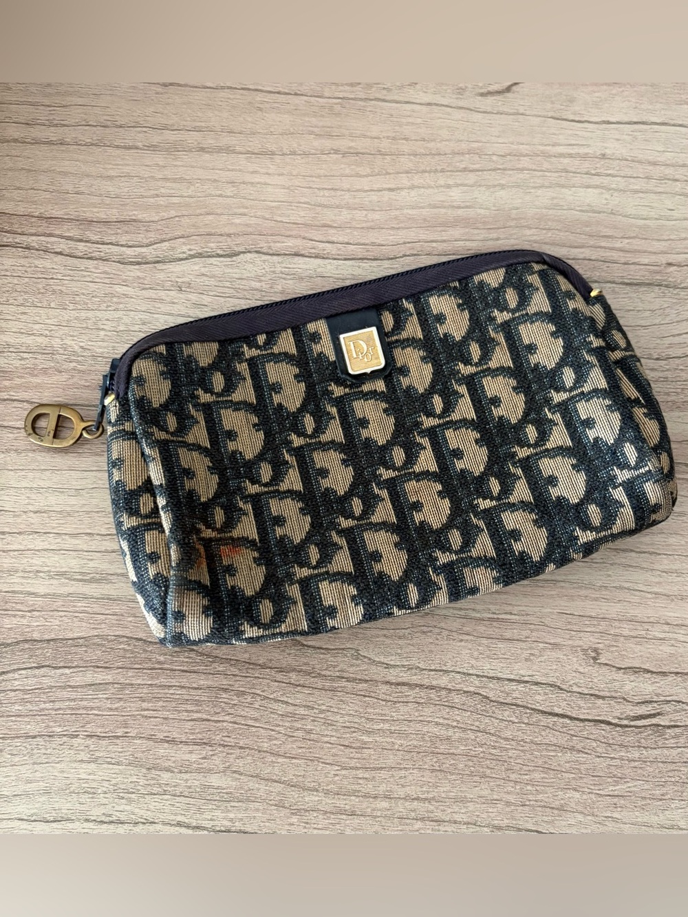 Vintage Dior Tapestry Blue CD fabric Leather Pouch